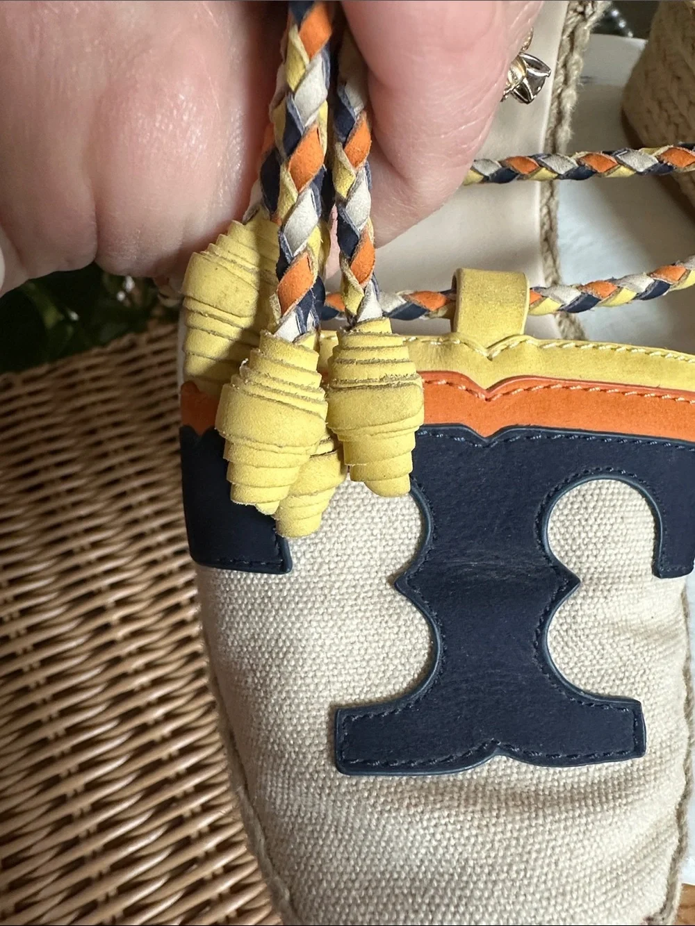 Tory Burch Laguna Canvas Espadrille Wedges with Navy Logo ankle wrap